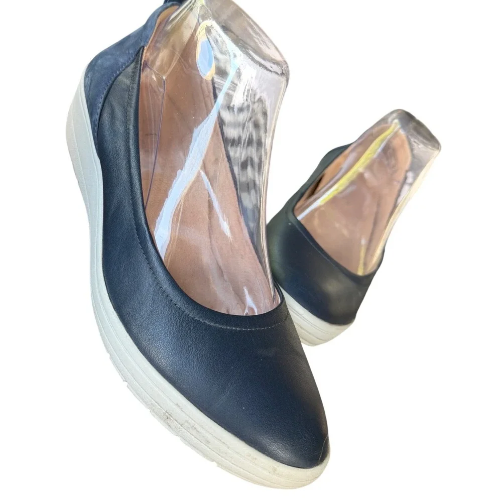Vionic Jaycey Navy Blue Leather Slip‎ On wedge Orthotic Comfort Shoes pump Sz.7